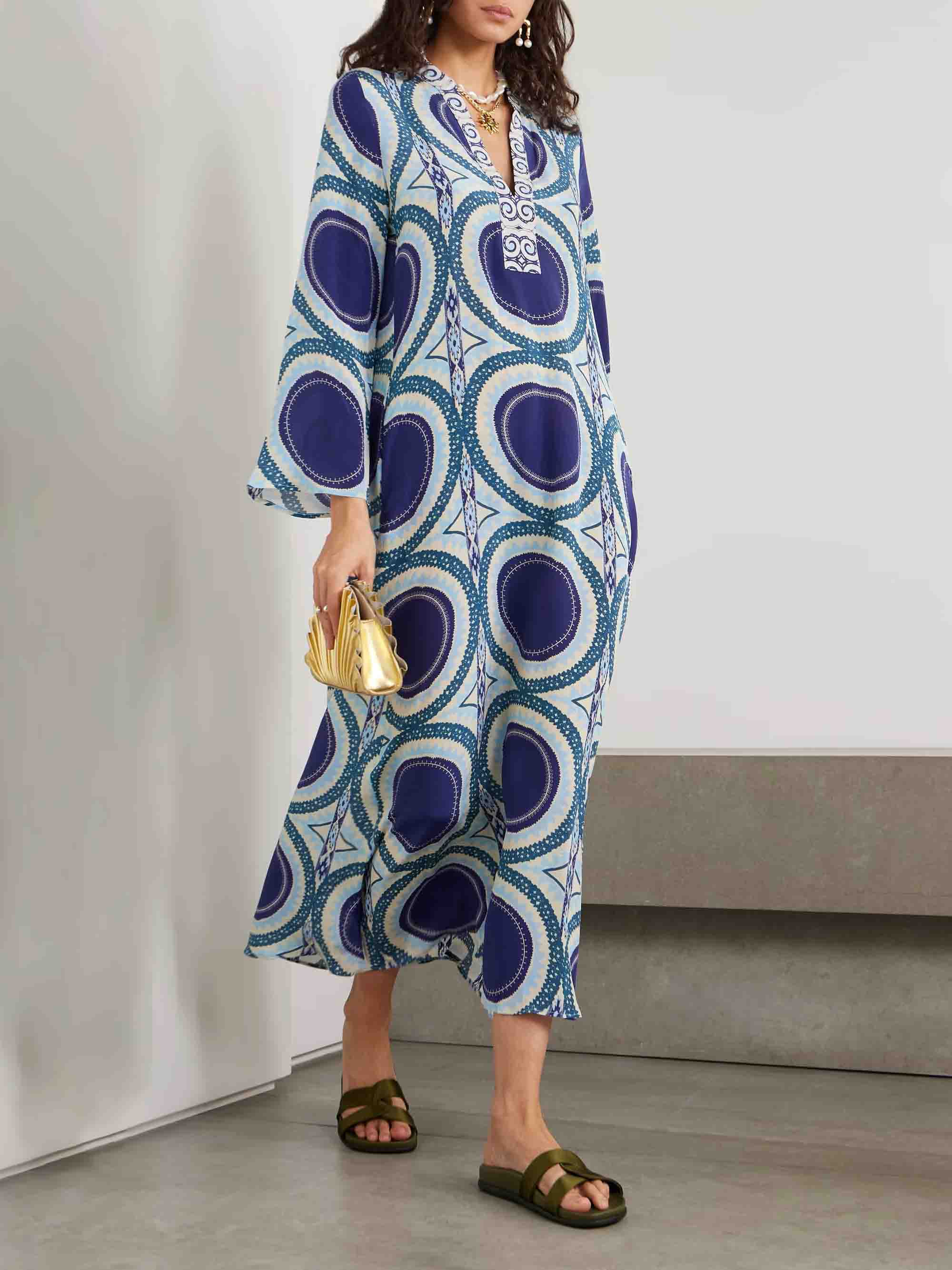 Elegant Retro Geometric Print Bell Sleeve Maxi Dress