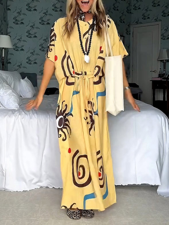 Unique Art Sun Floral Print Waist Tie Maxi Dress
