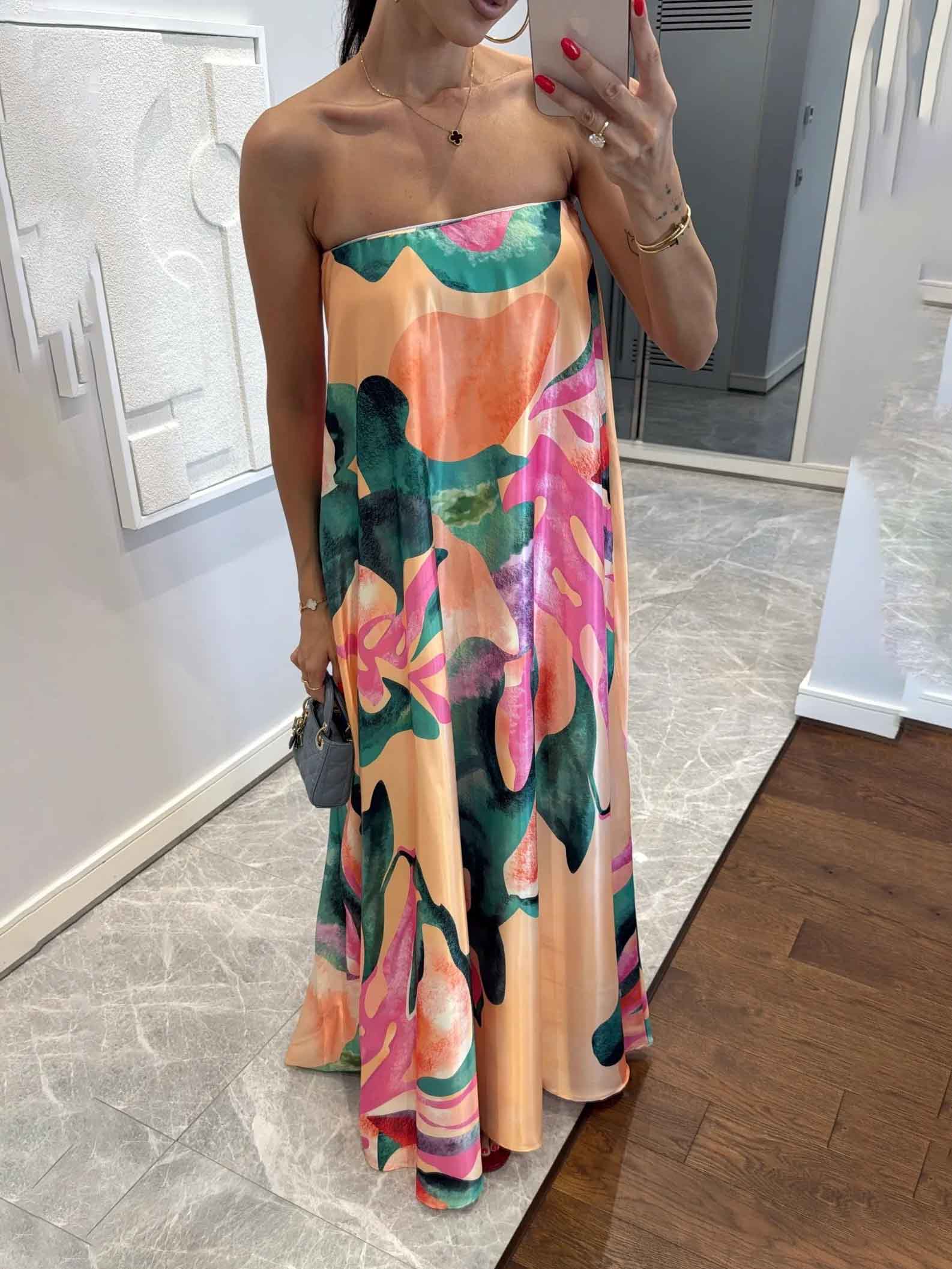 Elegant Wrap-neck Abstract Floral Print Satin Maxi Dress