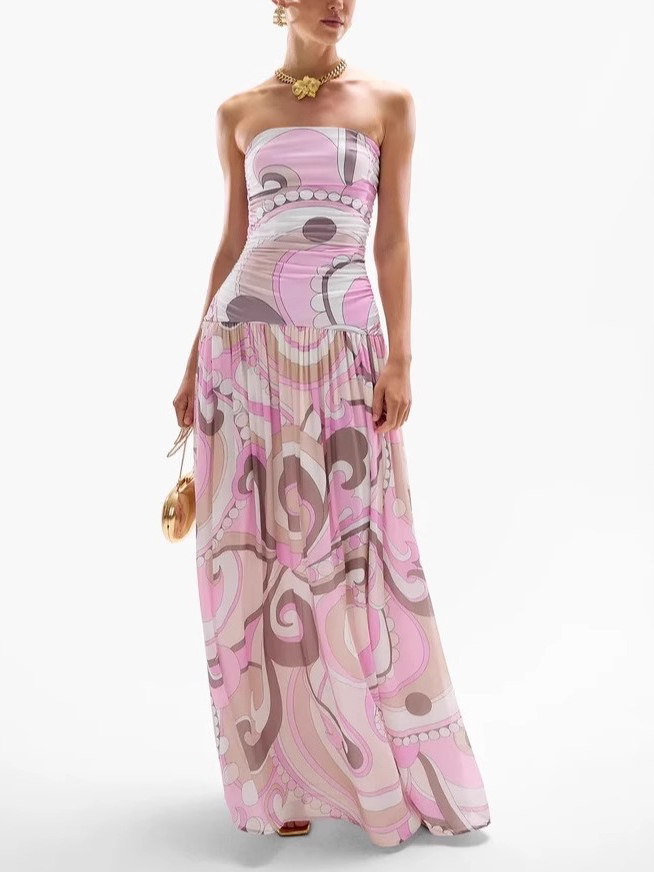 Elegant Swirl Vintage Print Drop Waist Maxi Dress