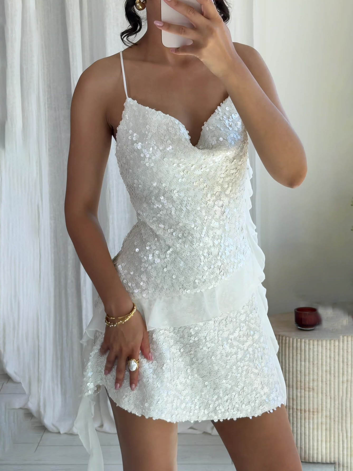 Elegant Halter Neck Sequined Ruffle Mini Dress