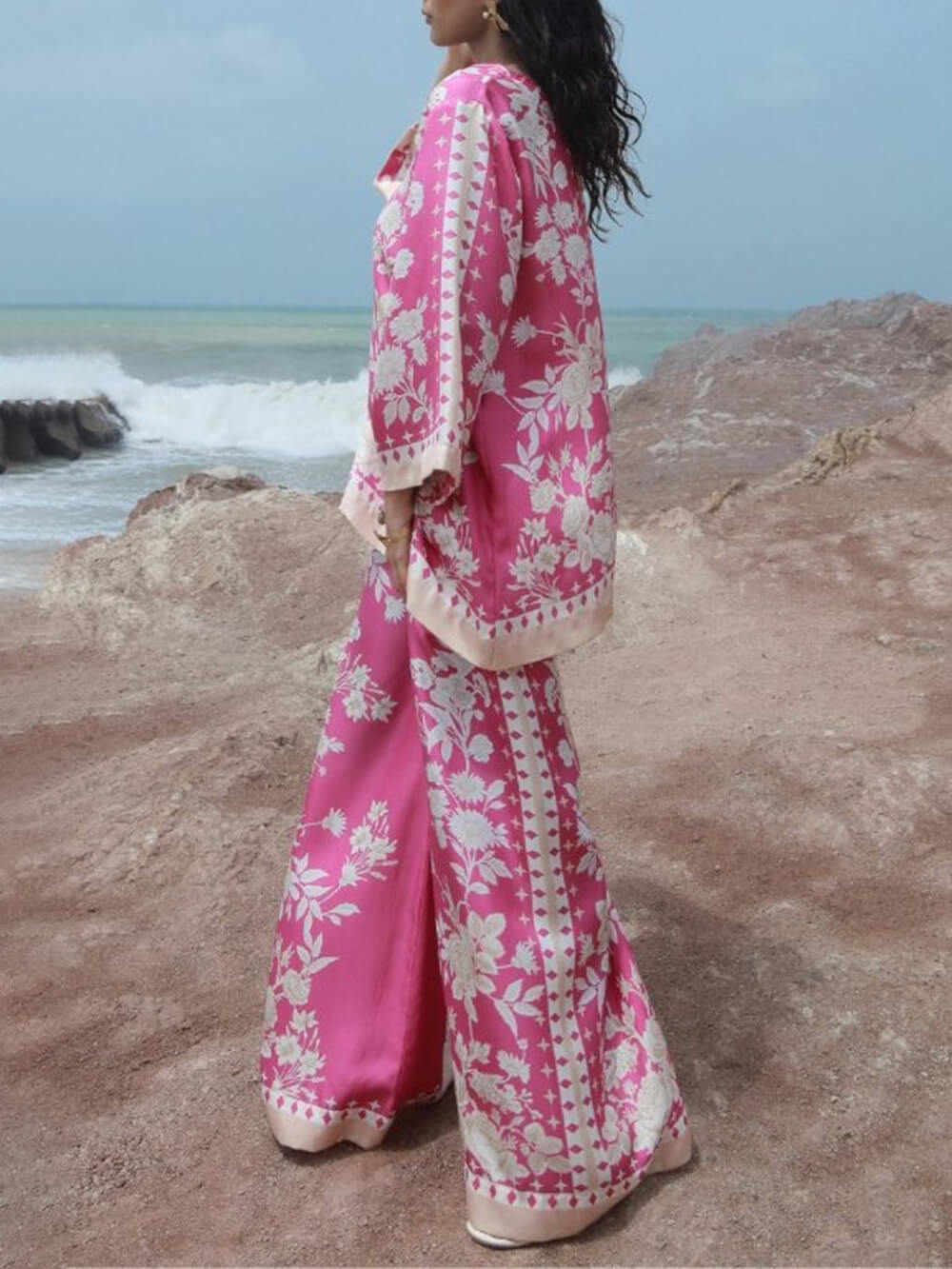 Casual Tropical Bloom Satin Floral Print Patchwork Loose Pocket Wide-Leg Pants