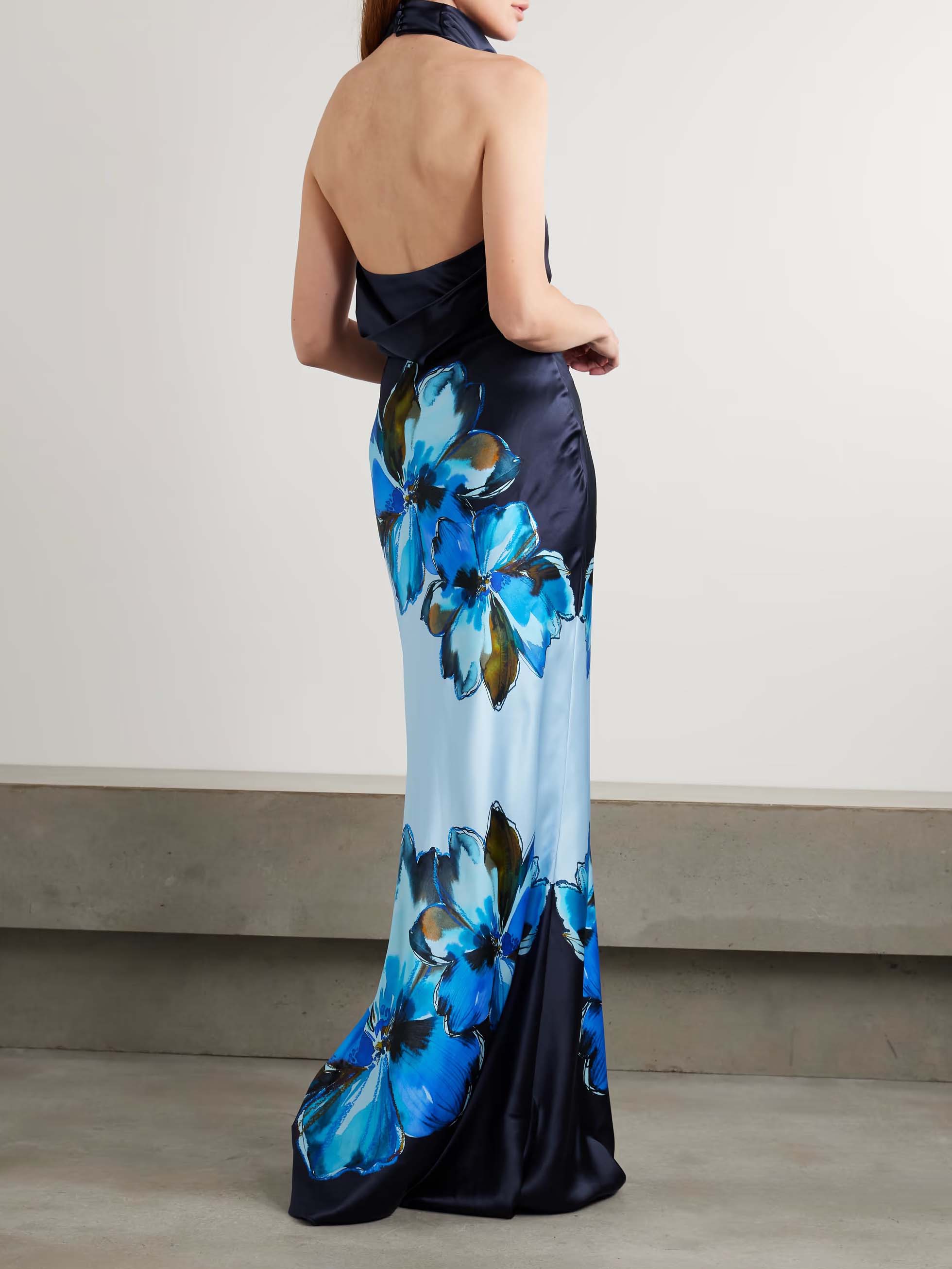 Elegant Bright Floral Print Halterneck Maxi Dress