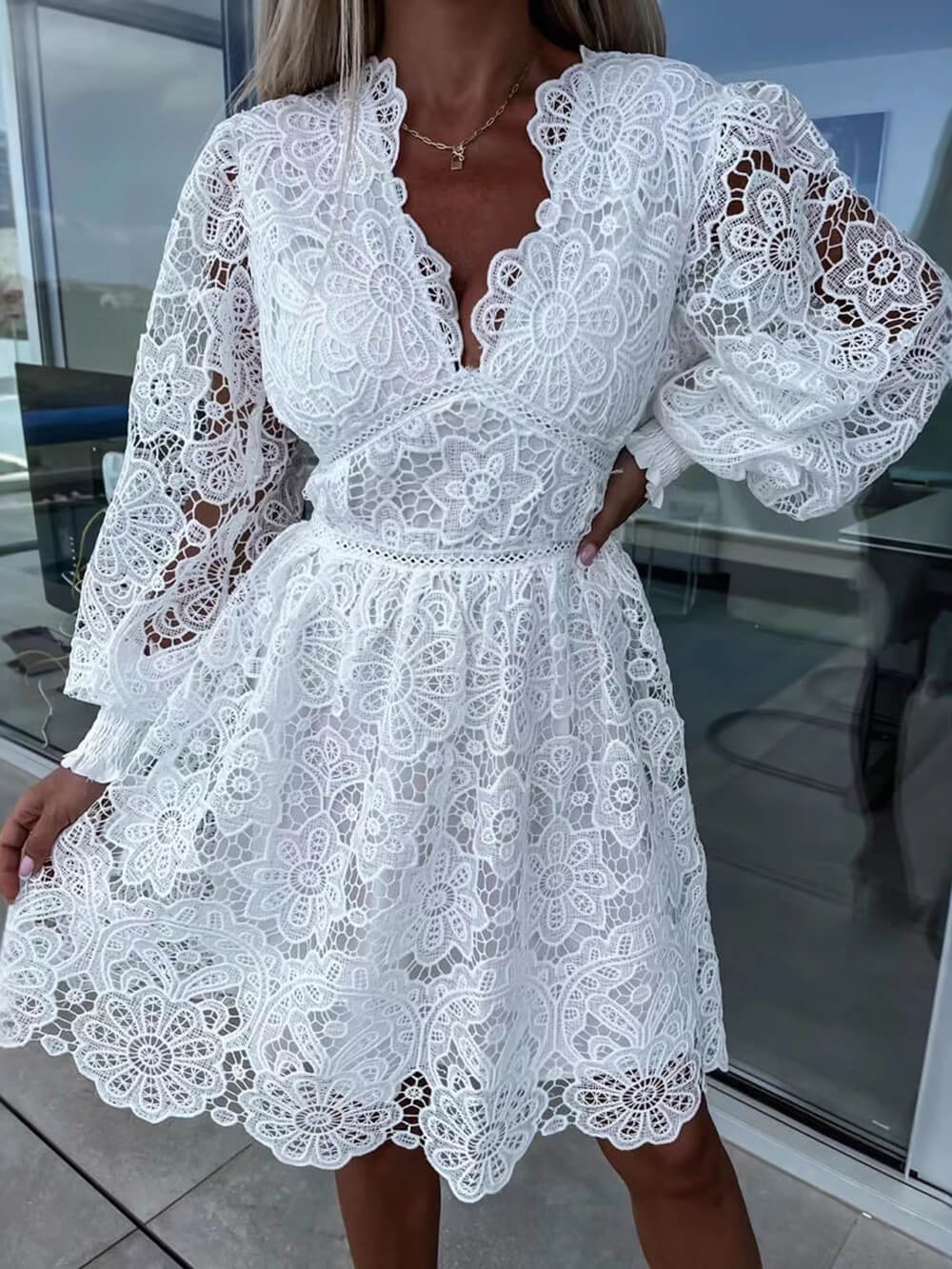 Sexy Hollow Lace Mini Dress