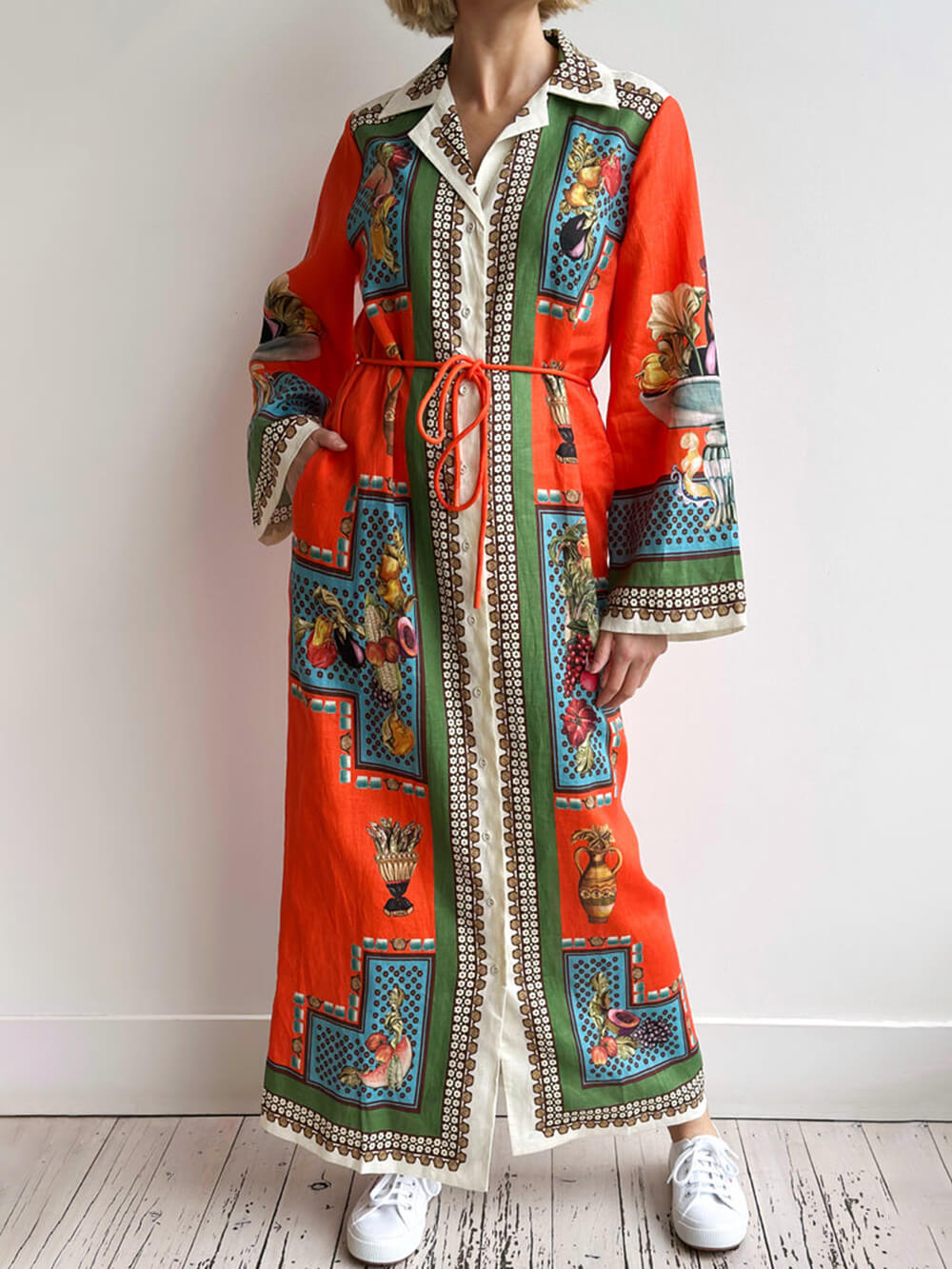 Classic Modern Unique Print Patchwork Loose Belted Shirt Silhouette Maxi Dress