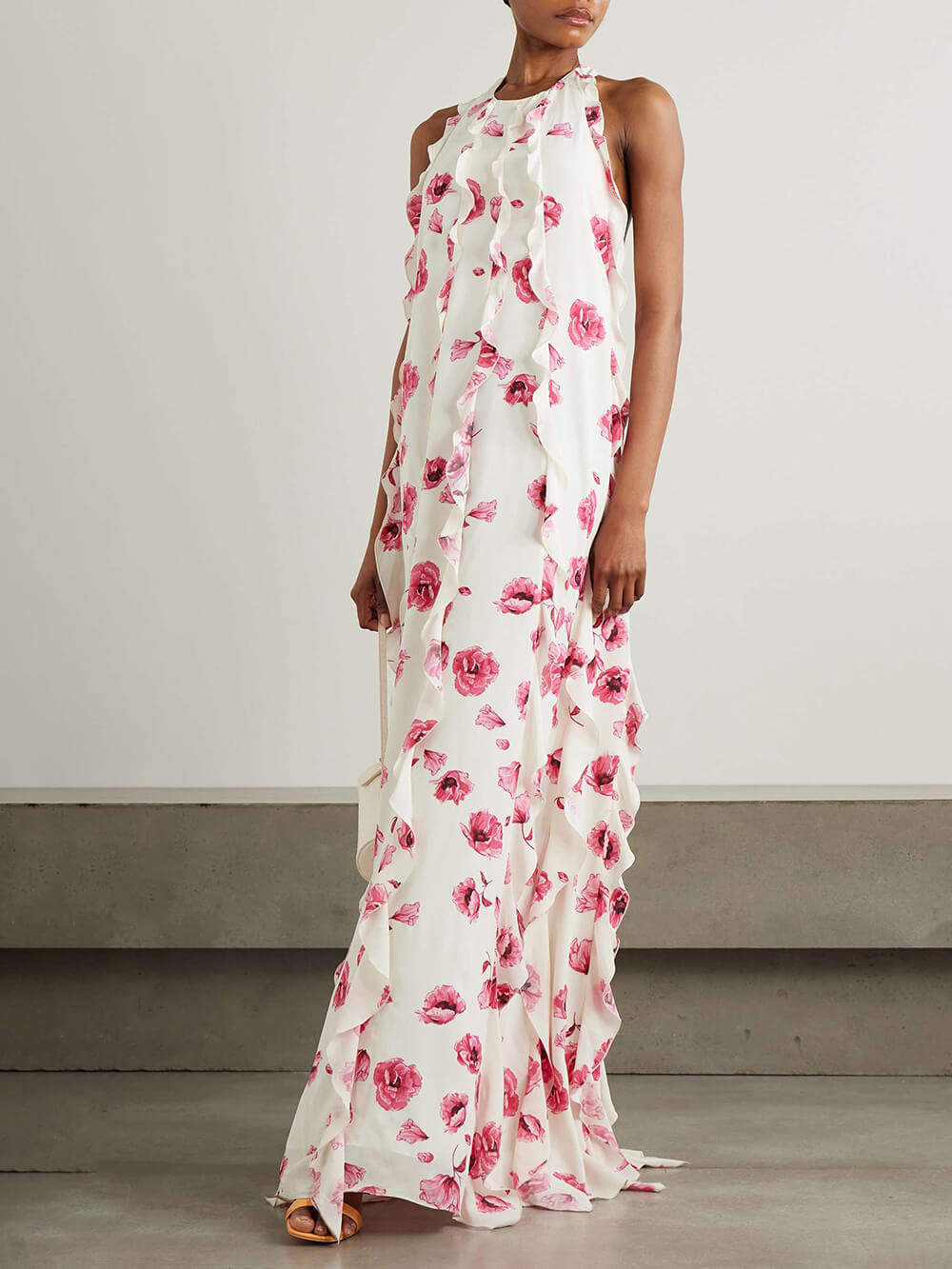 Retro Ruffle Floral Print Chiffon Crepe Chine Halter Maxi Dress