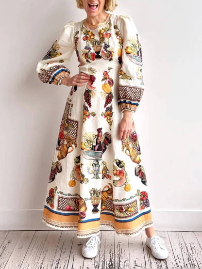 Casual Island Bloom Tropical Fruit Patchwork A-Line Maxi Dress