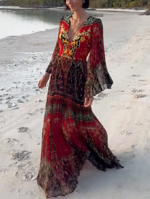 Elegant Vintage Floral Print V-Neck Pleated Maxi Dress