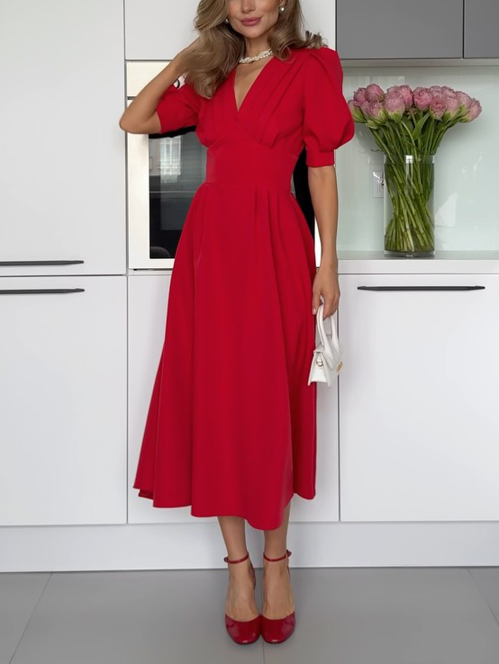 Elegant V-neck Puff Short Sleeve Midi Dress