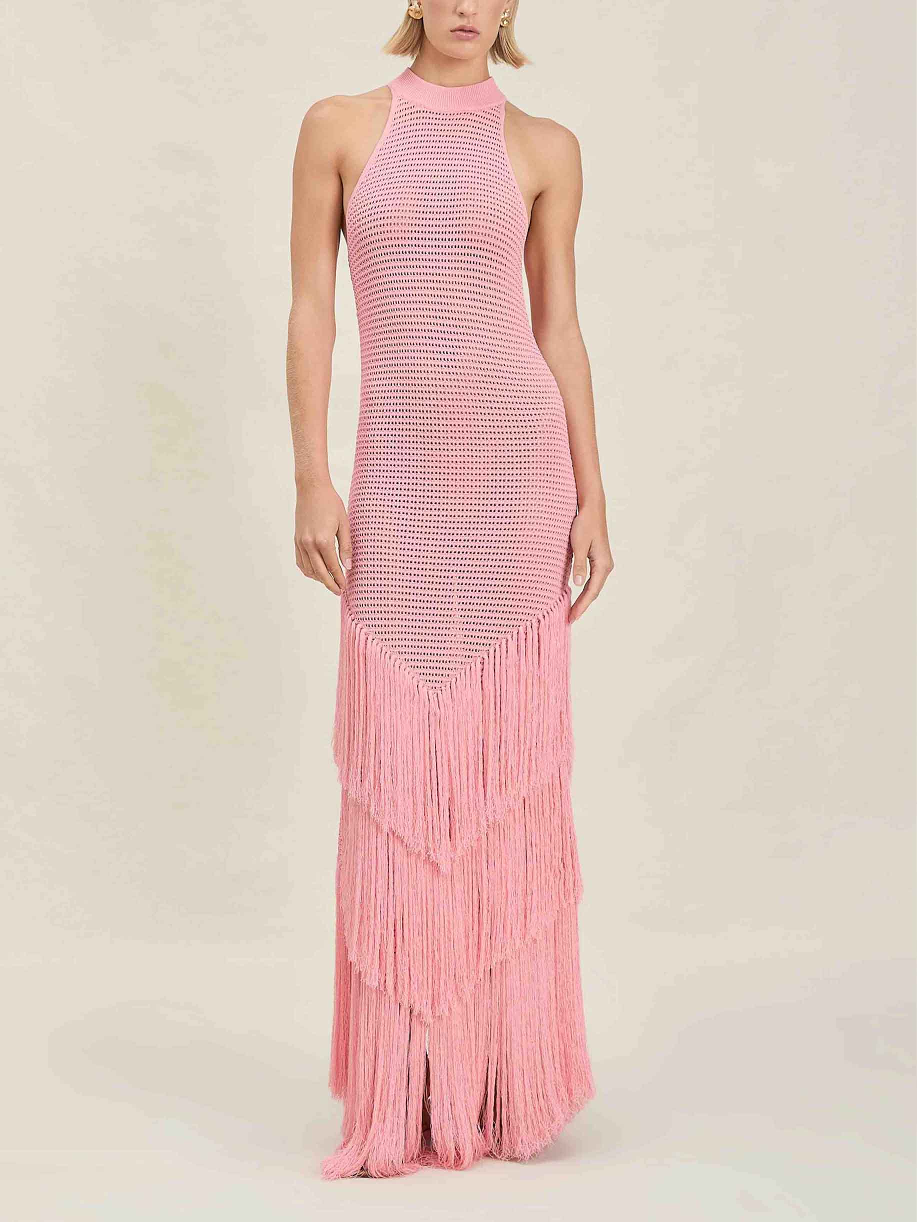 Exquisite Stand-up Collar Knitted Fringe Maxi Dress