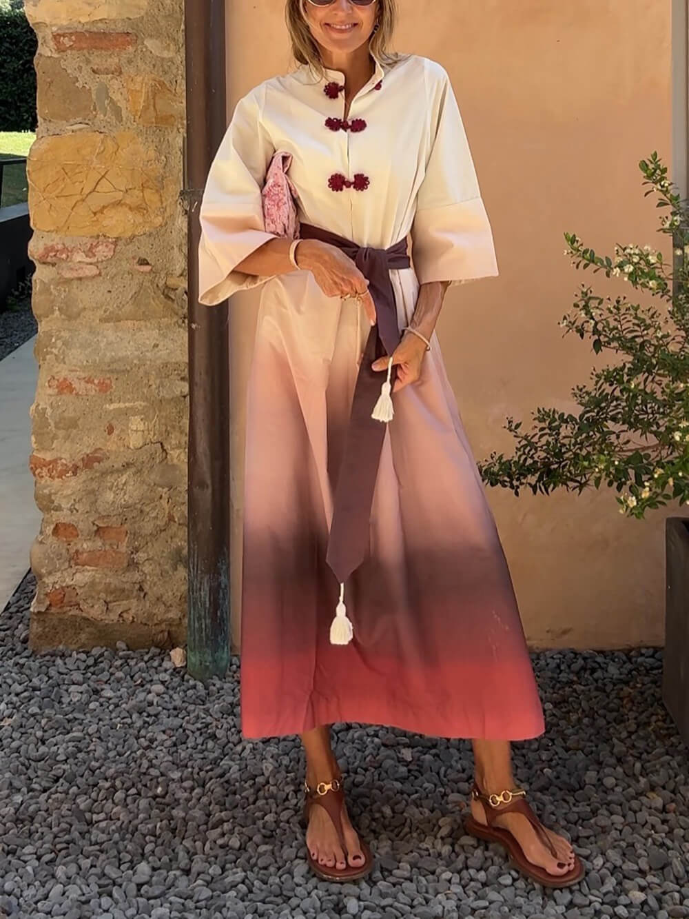 Unique Ombre Print Belted with Three-Quarter Sleeves Midi Dress