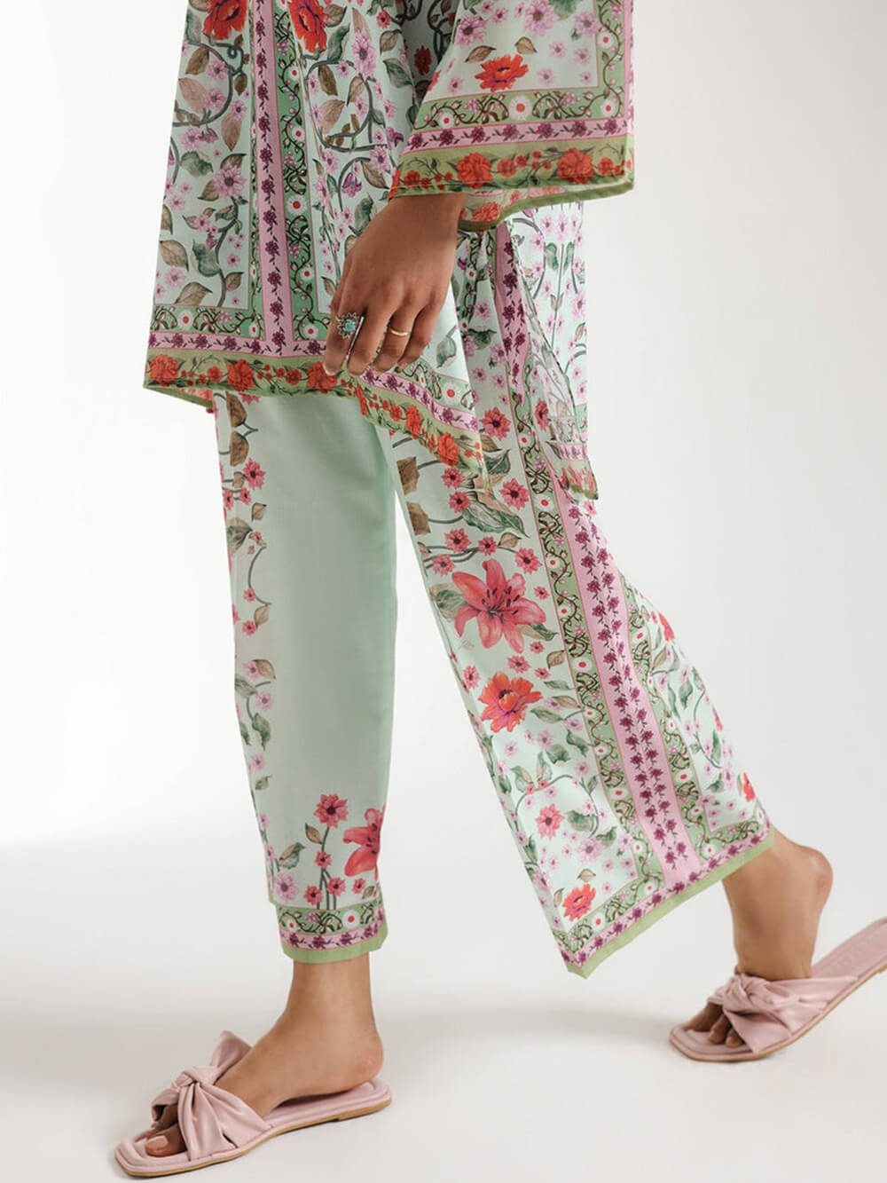 Unique Satin Symmetrical Floral Patchwork Wide-Leg Pants