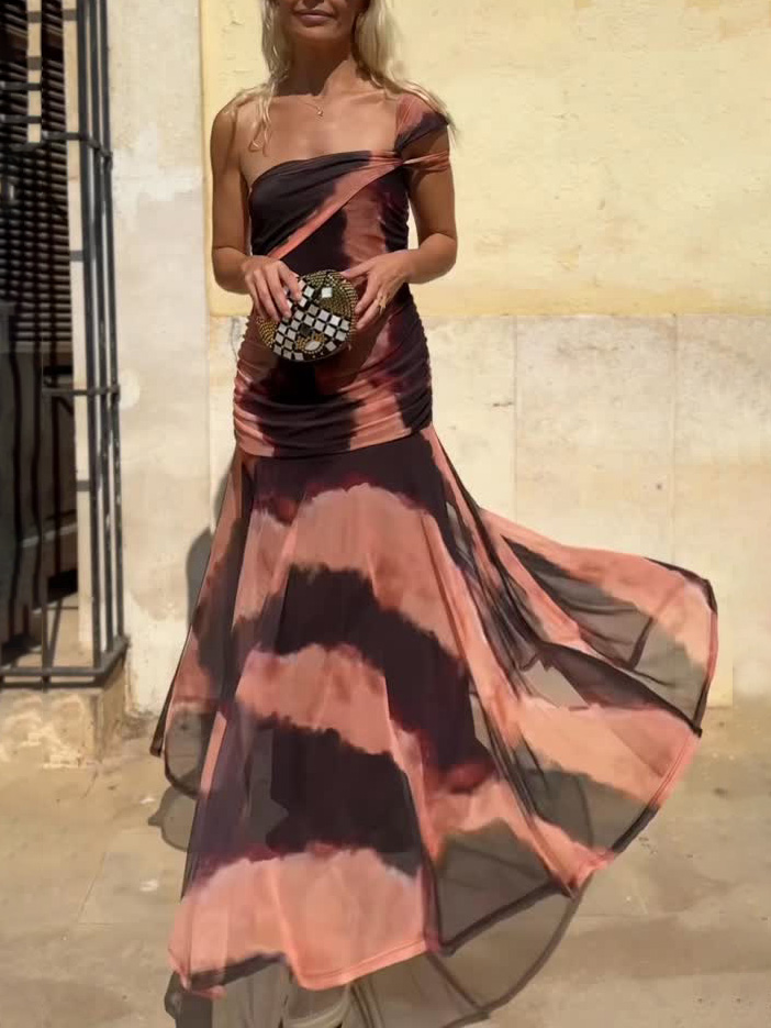 Elegant One-shoulder Tie-dye Striped Print Maxi Dress