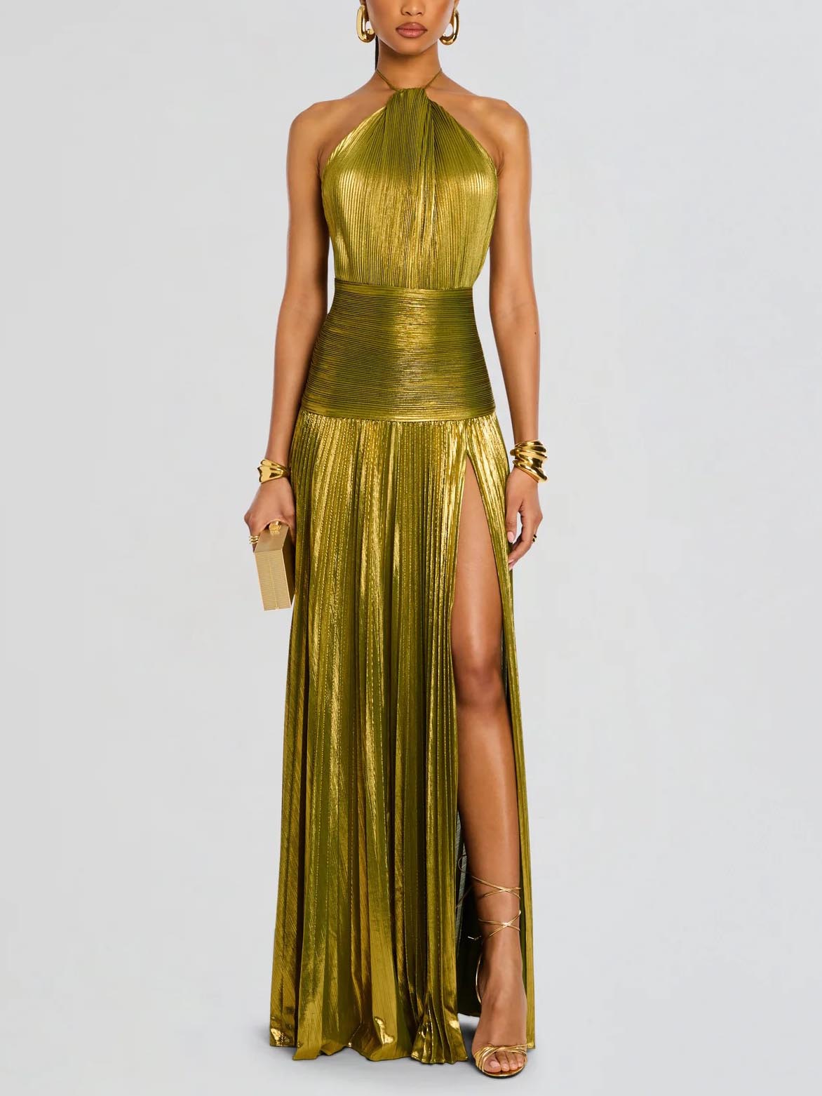 Elegant Metallic Pleated Halter Neck Maxi Dress