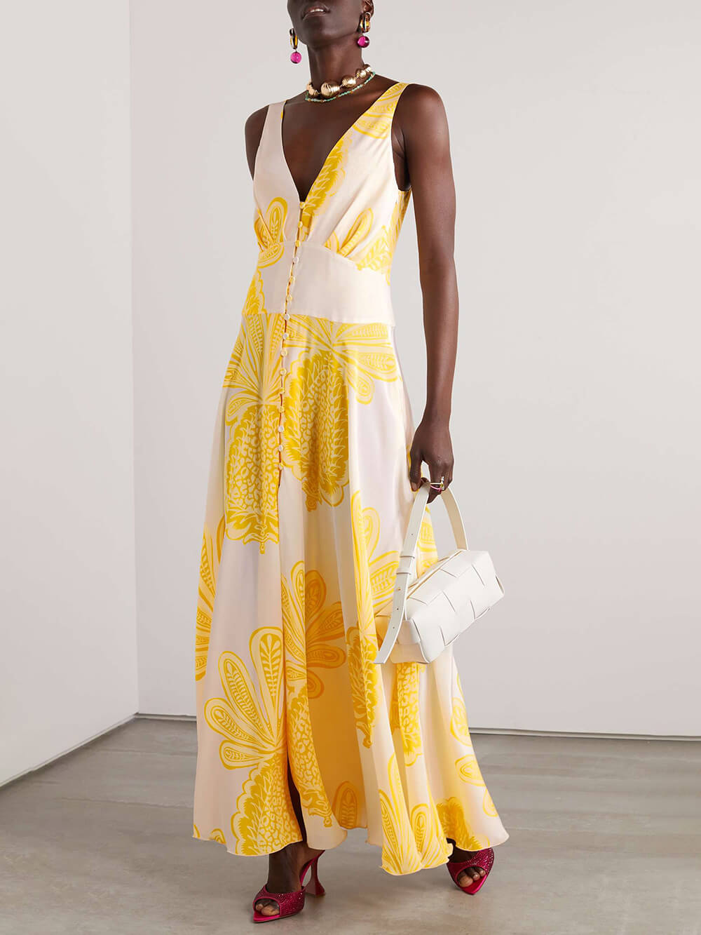 Elegant Pineapple Print Satin Crepe Maxi Dress