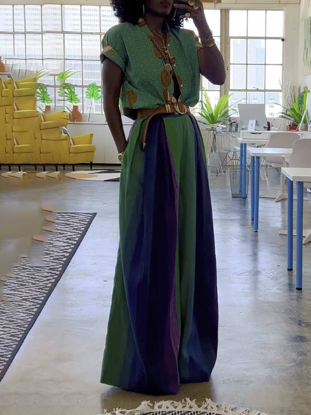 Retro Casual Contrast Colorblock Loose-Fit Wide-Leg Pants