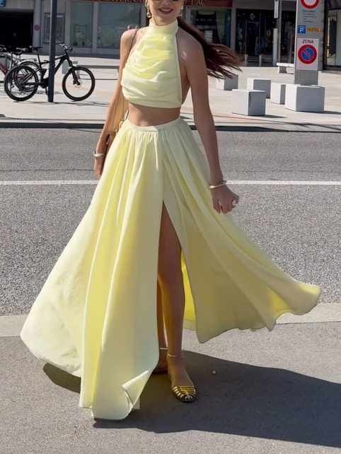 Elegant Halterneck Pleated Top And Slit Long Skirt Two-piece Set
