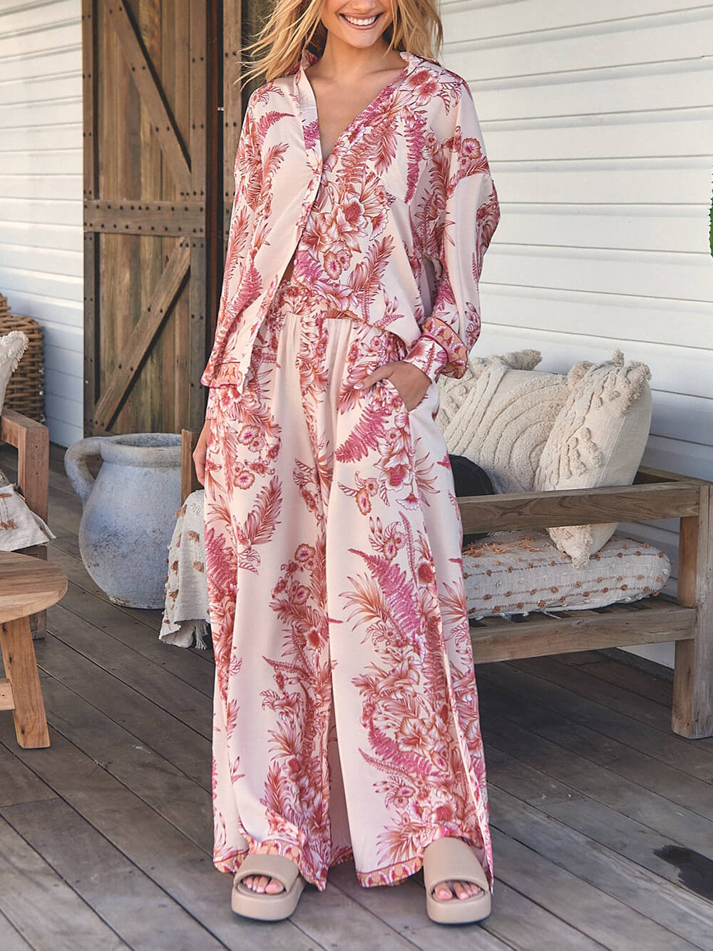 Warm Holiday Floral Printed Loose Button Oversized Shirt