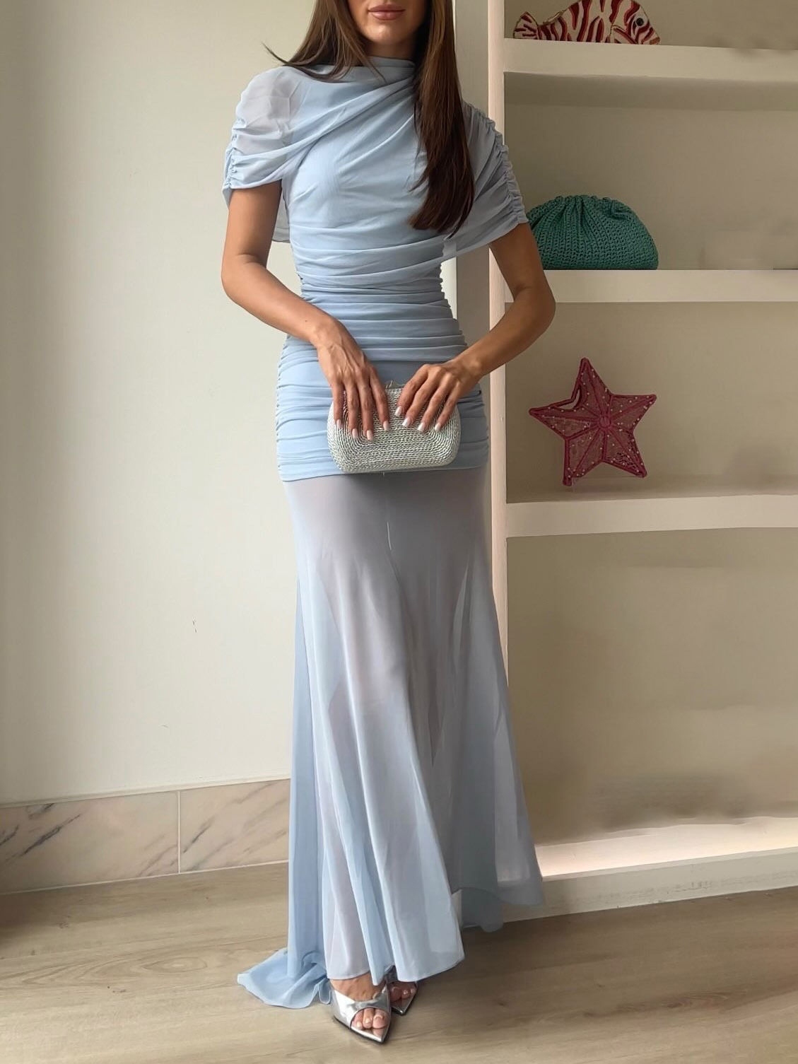 Elegant Ruched Sheer Panel Short-Sleeve Maxi Dress