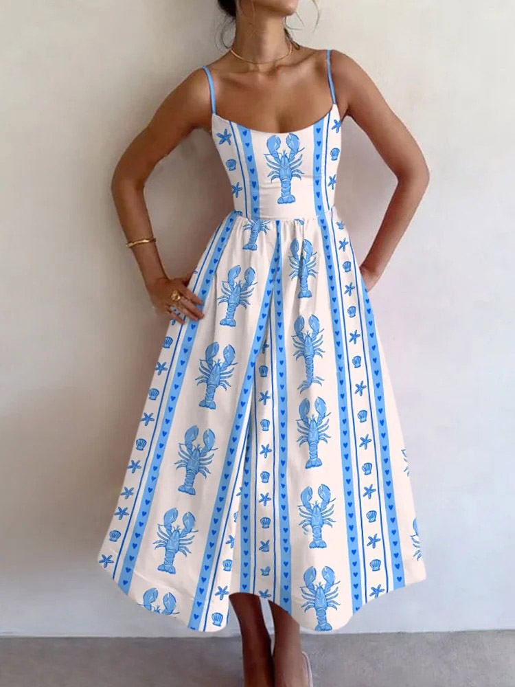 Casual Fun Ocean Lobster Print Midi Dress
