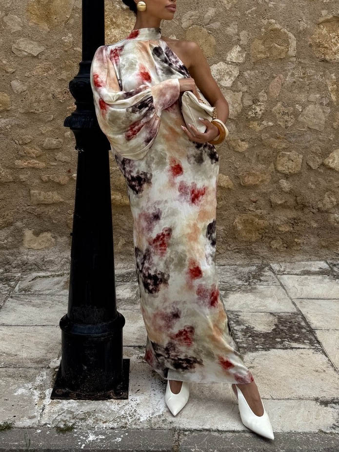 Unique Watercolor Print Single Puff Sleeve Maxi Dress