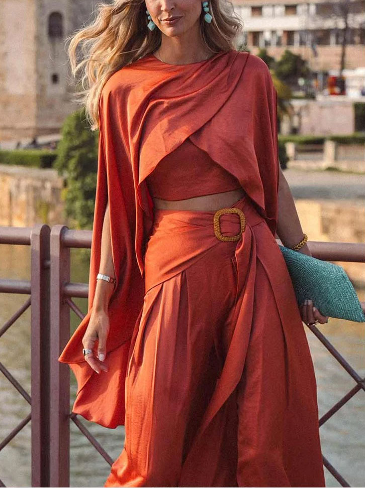 Elegant Draped Cape-Style Satin Blouse