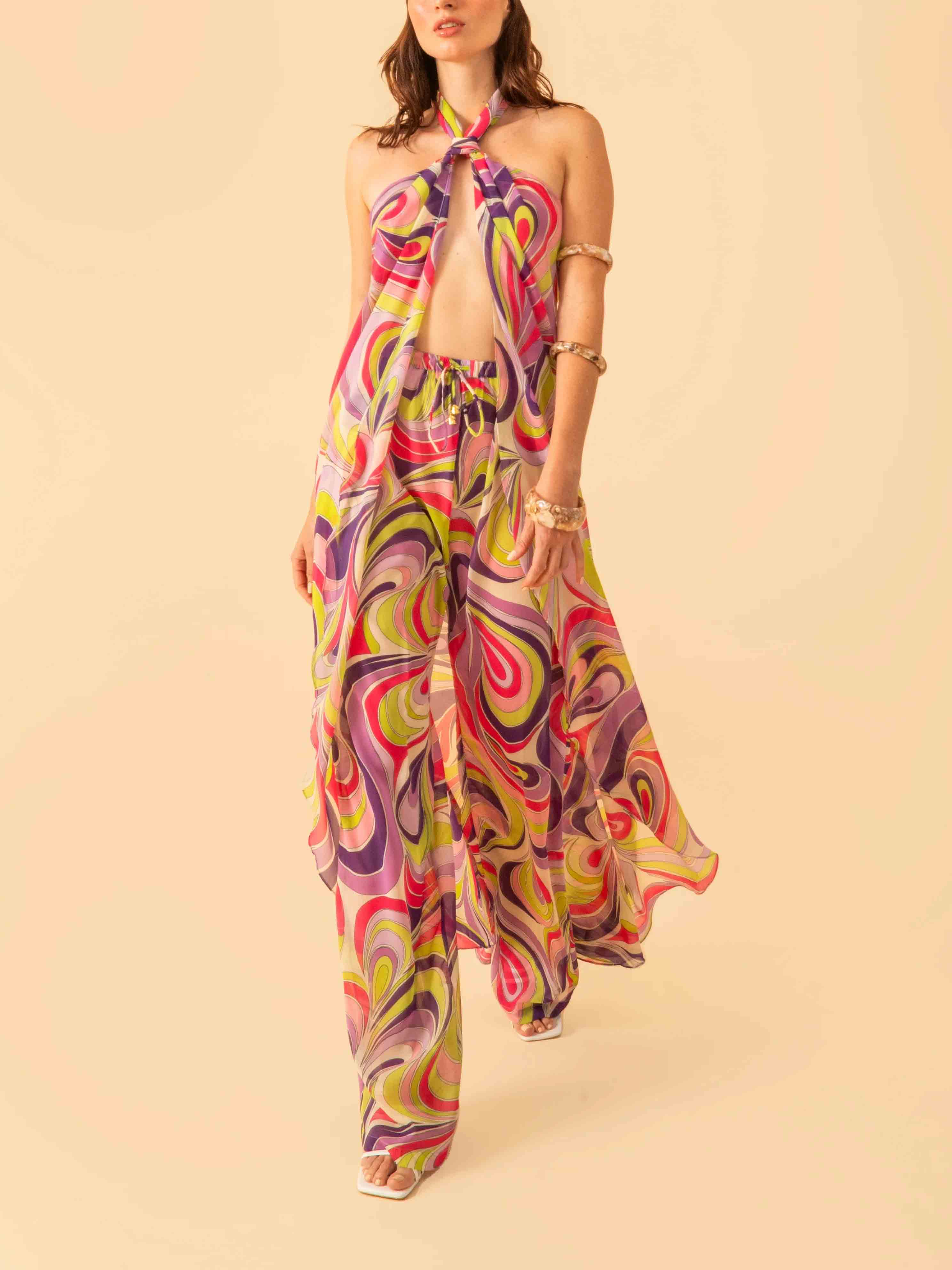 Unique Psychedelic Swirl Print Halter Top And Wide-Leg Pants Set