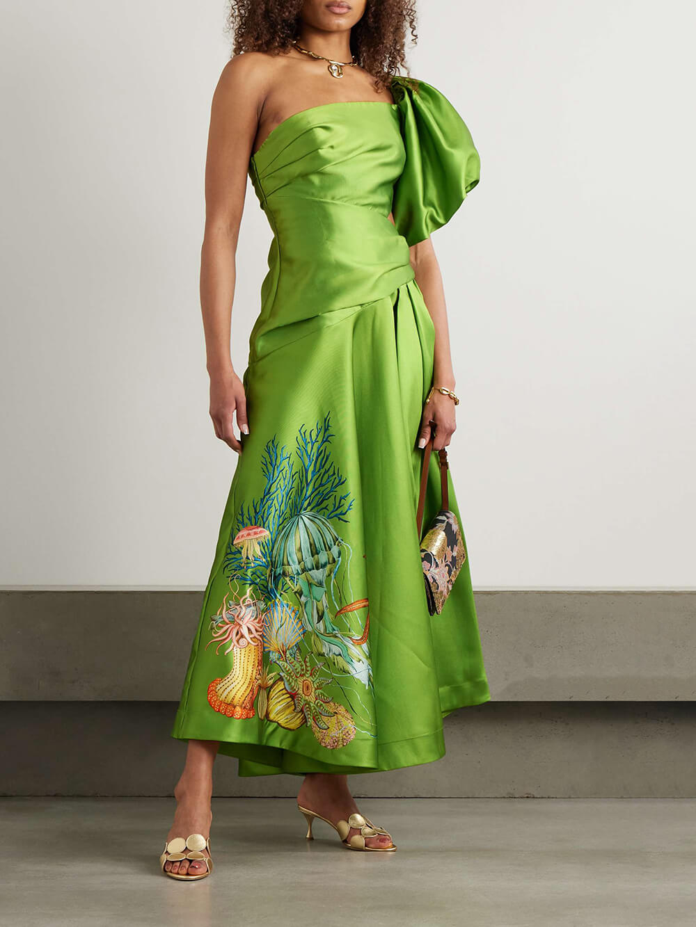 Unique One-Shoulder Gathered Printed Satin-Twill Maxi Dress