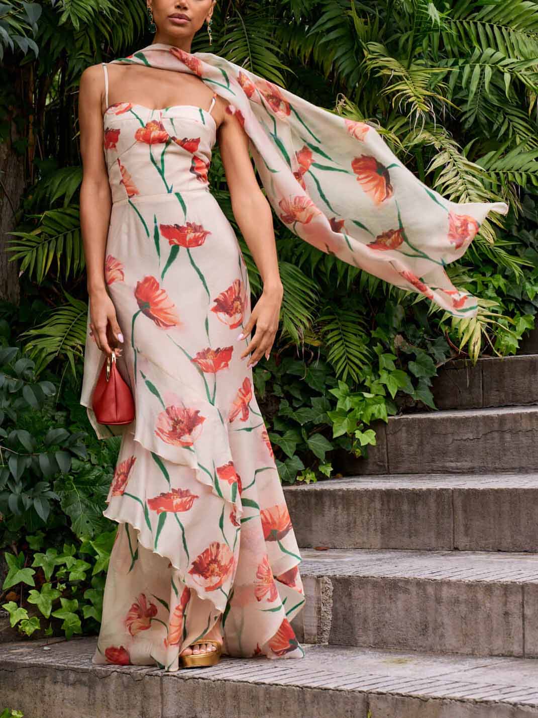 Delicate Orange Floral Print Hem Ruffle Maxi Dress