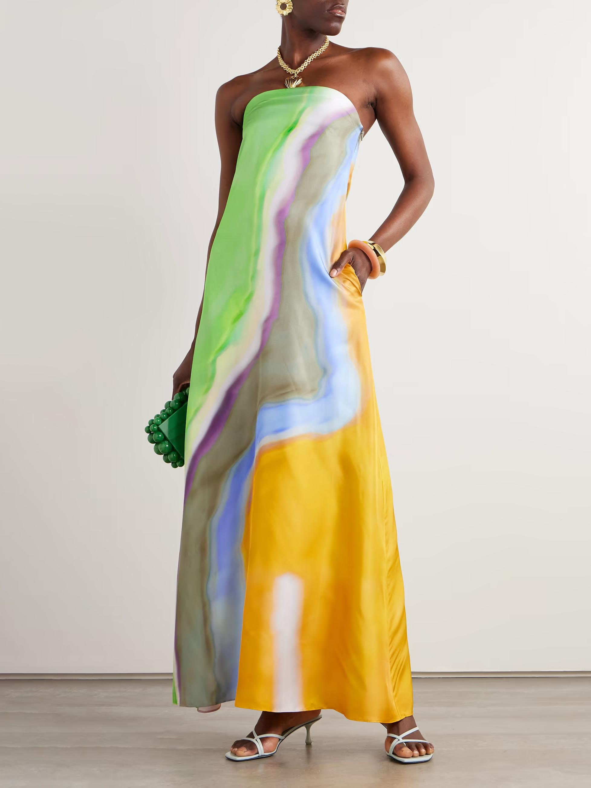 Exquisite Off-the-shoulder Watercolor Print Satin Maxi Dress
