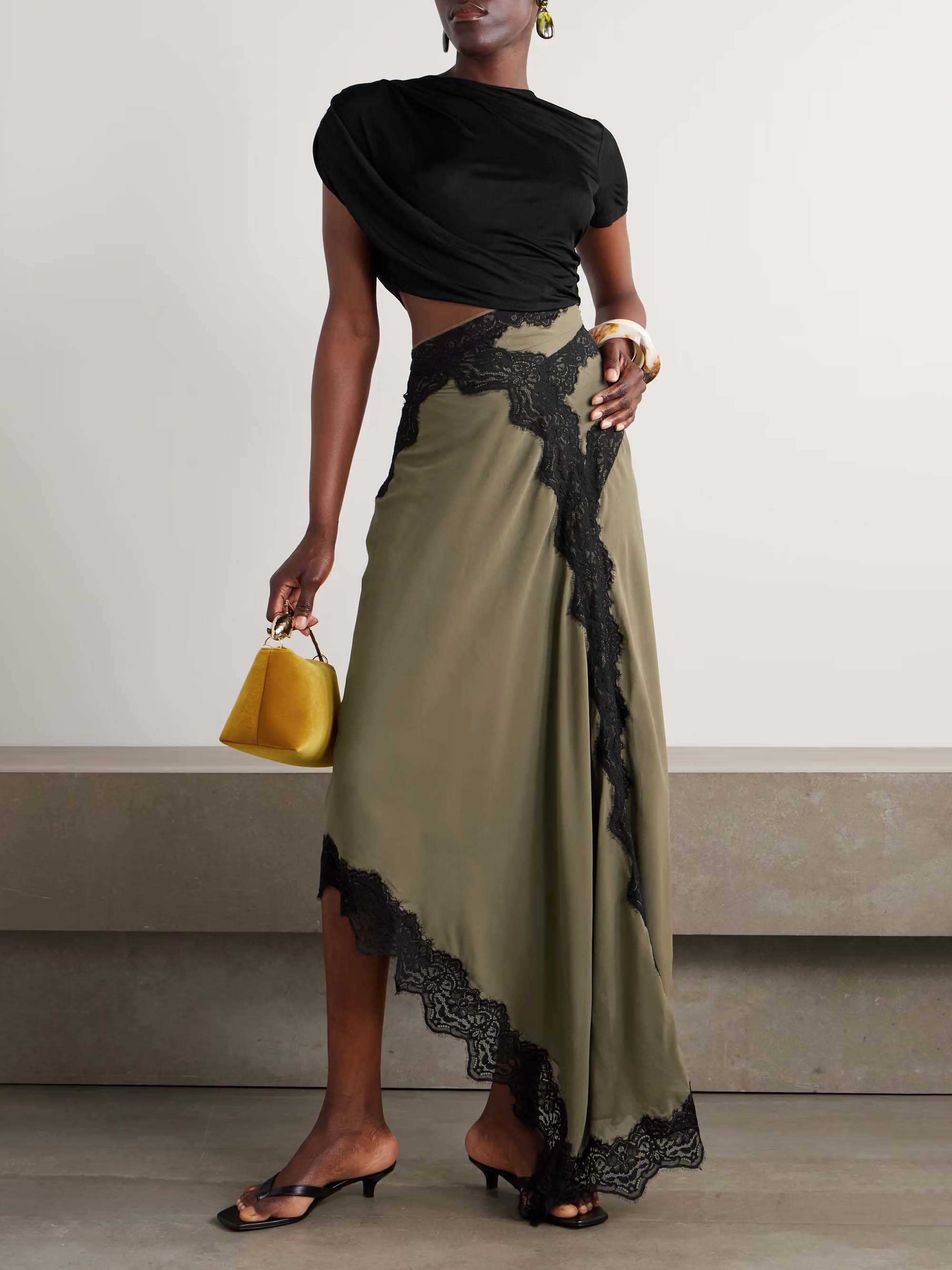 Exquisite Asymmetric Lace Trim Midi Dress