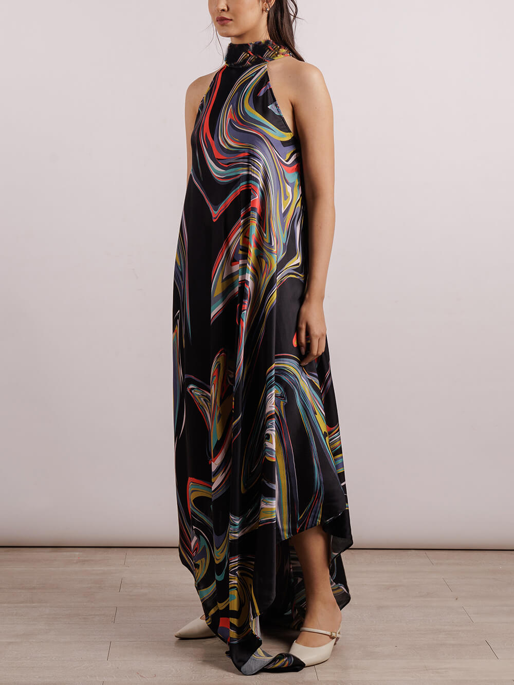 Casual Unique Galaxy Print Asymmetric Halter Long Dress