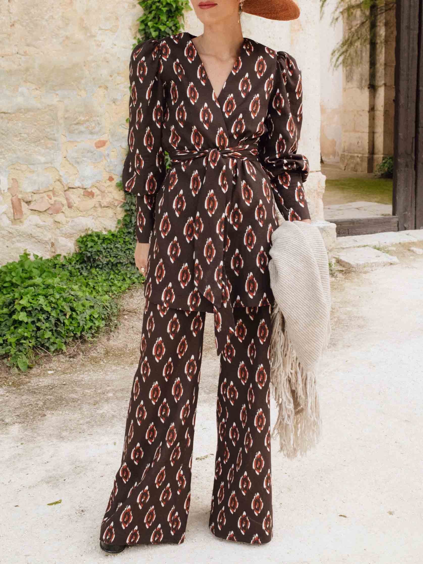 Retro Bohemian Ikat Print Belted Blazer Top