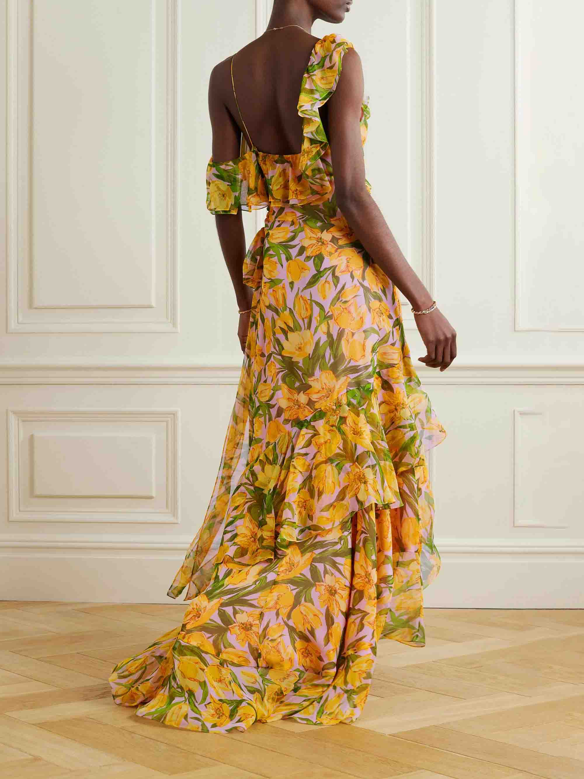 Elegant One-Shoulder Ruffled Floral Chiffon Maxi Dress