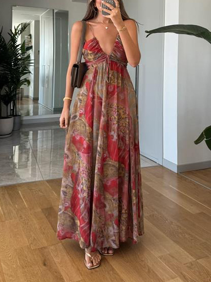 Retro Plant Print V-neck Suspender Maxi Dress