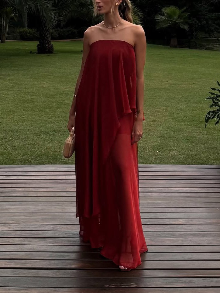 Elegant Strapless Layered Sheer Chiffon Two-Piece Set