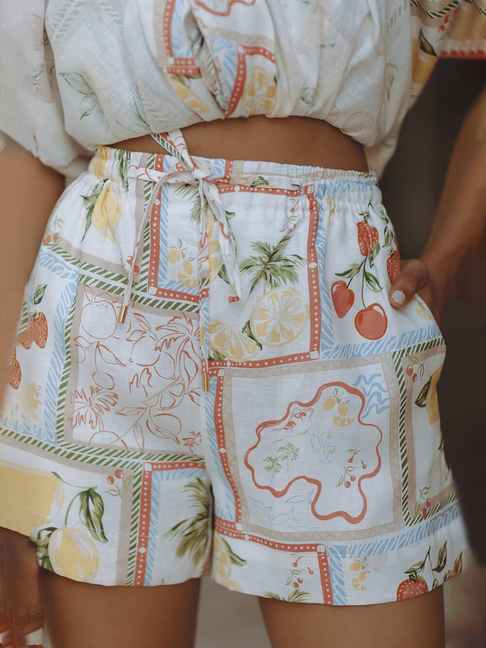 Unique Linen Floral Print Short Loose Top With Tie Pocket Shorts Set