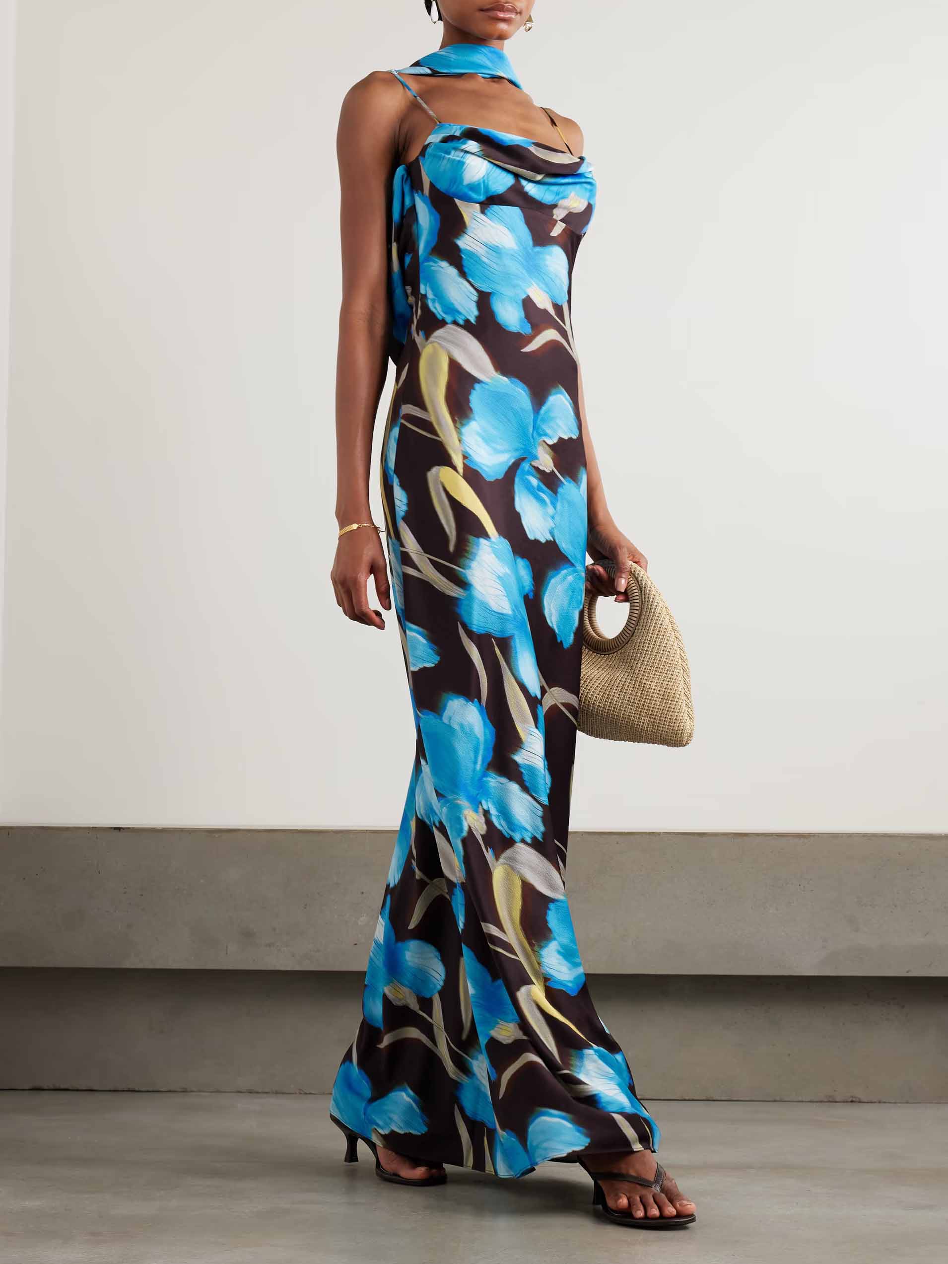 Elegant Draped Flower-de-fox Print Gown Maxi Dress