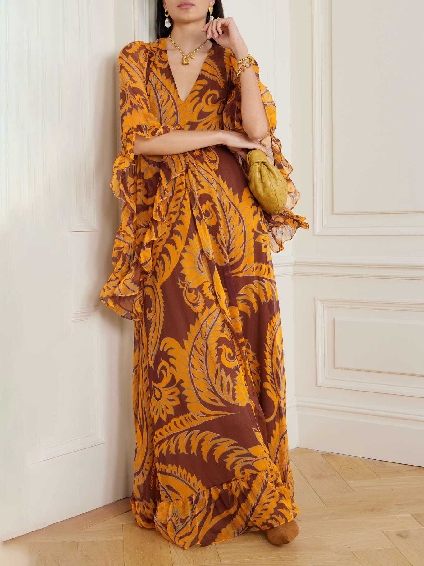 Exquisite Floral Print Chiffon Ruffle Maxi Dress