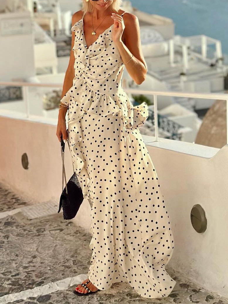 Casual V-neck Polka Dot Print Ruffled Maxi Dress