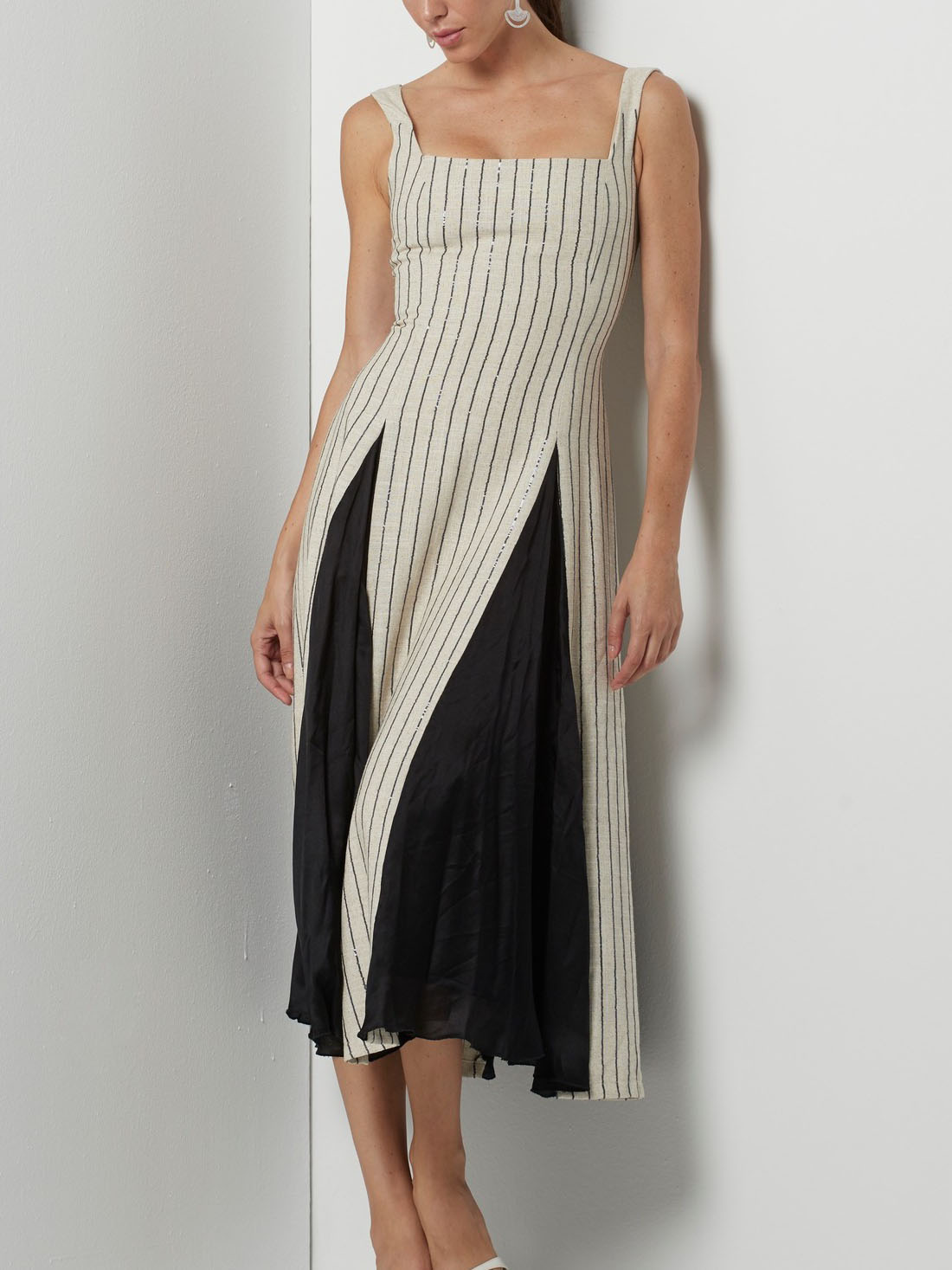 Elegant Flared Maxi Dress In Pinstripe Paneling
