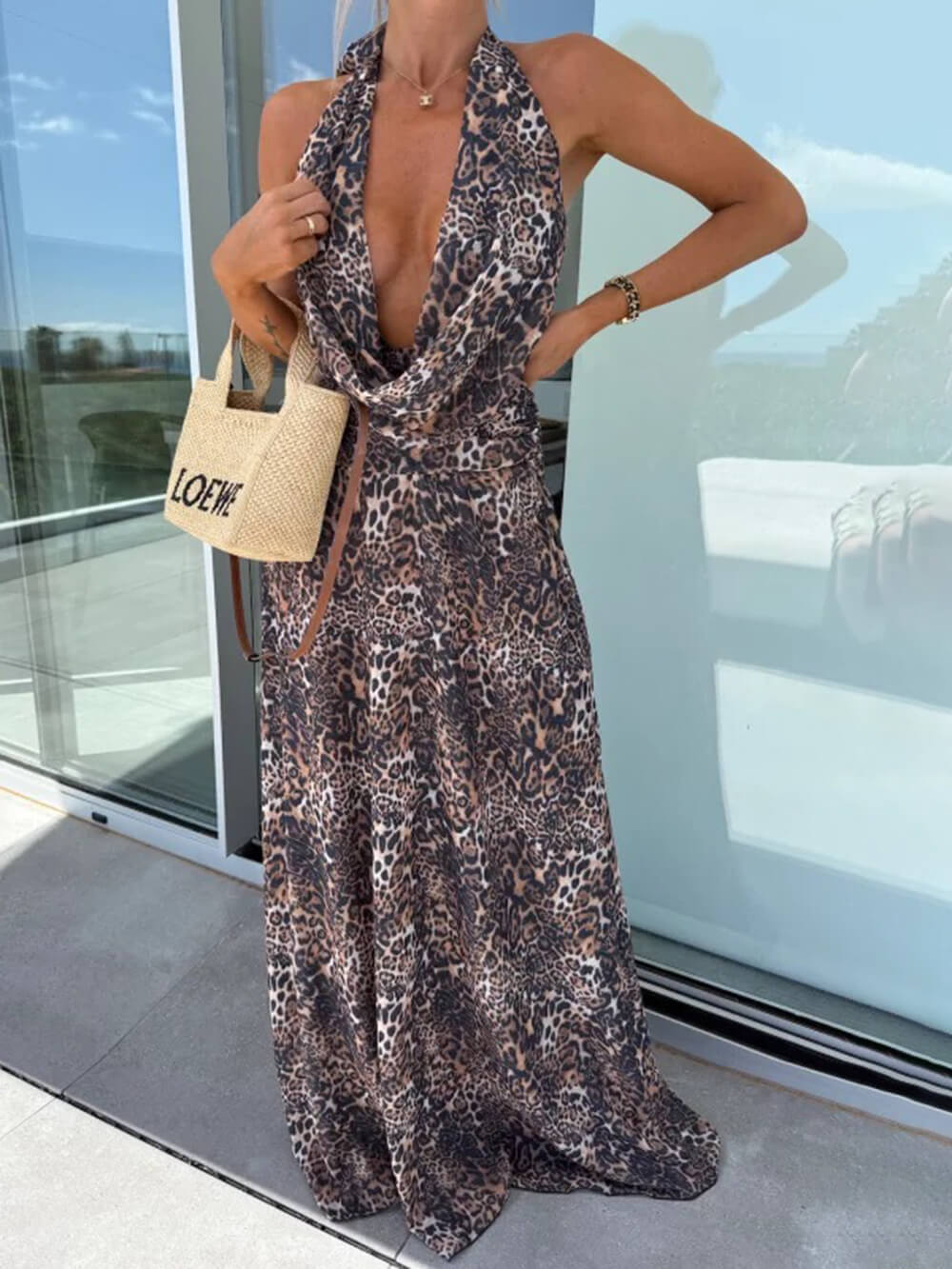 Elegant Printed Tie-Waist Cutout with Cowl Neck Maxi Dress