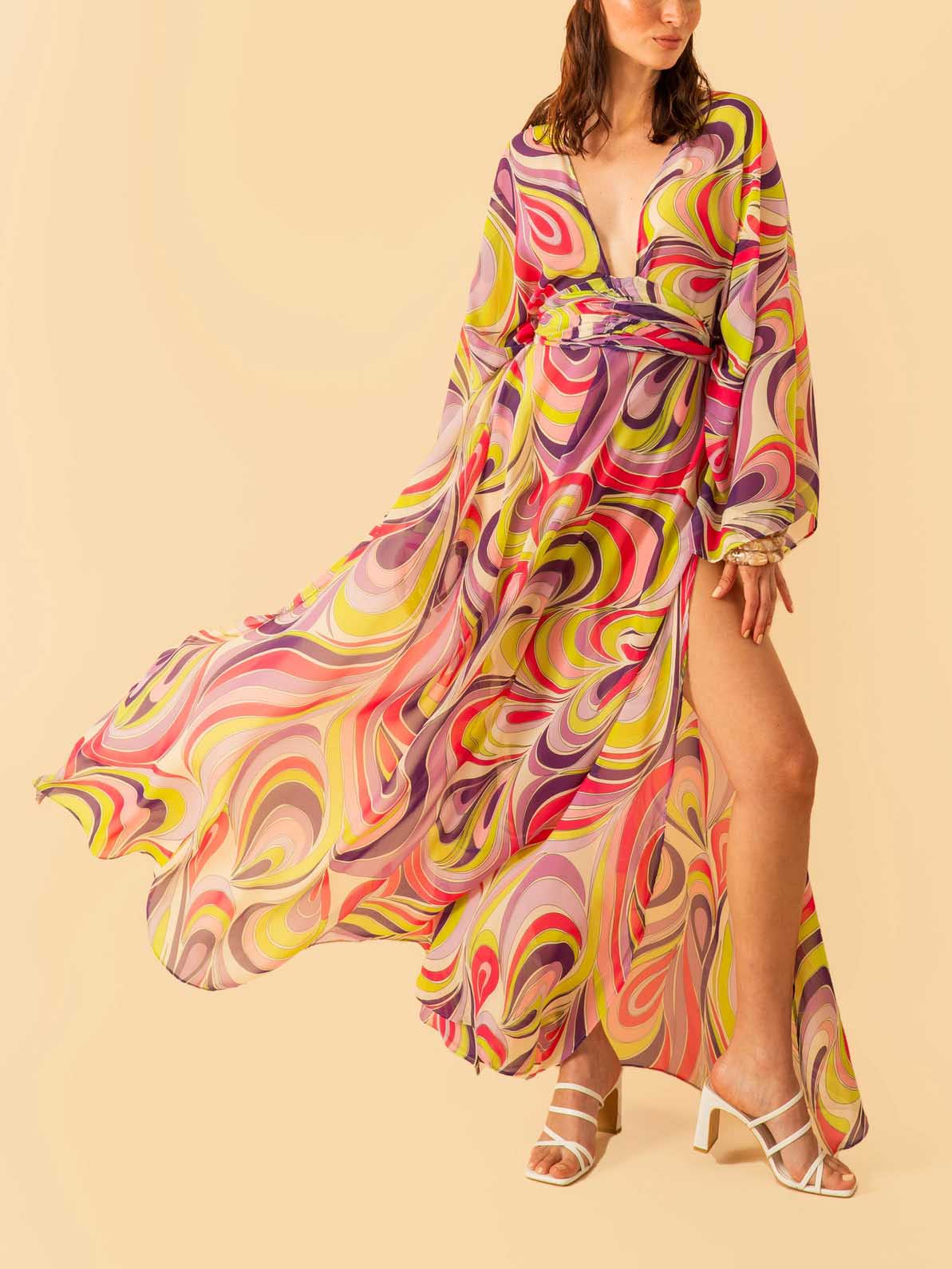 Unique Abstract Print V-neck Maxi Dress