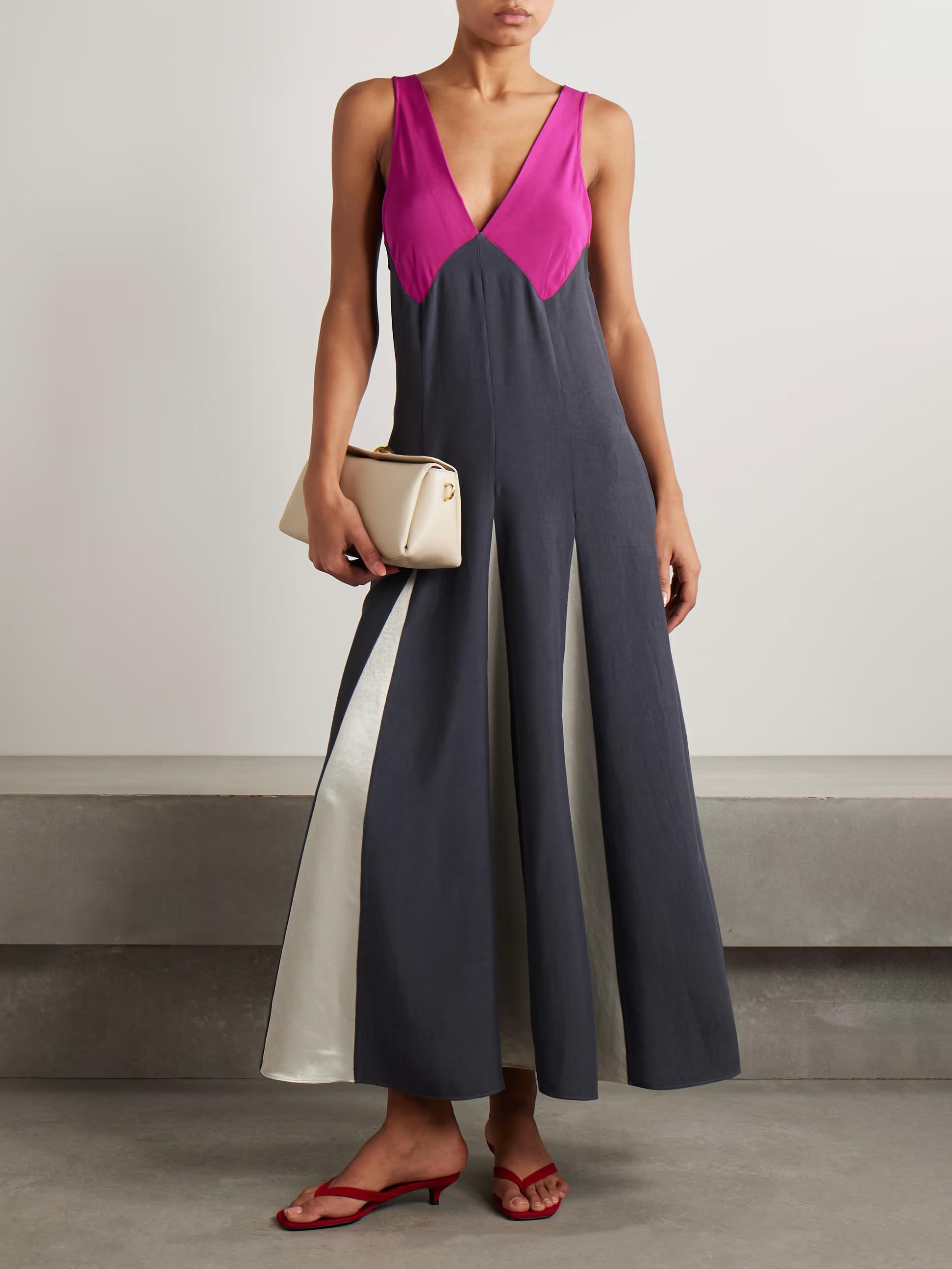 Elegant Patchwork Contrast Color V-neck Maxi Dress