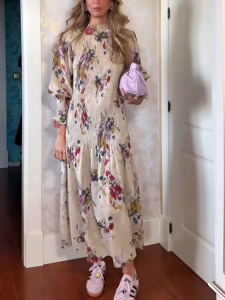 Elegant Crinkled Floral Print Puff Sleeve Maxi Dress