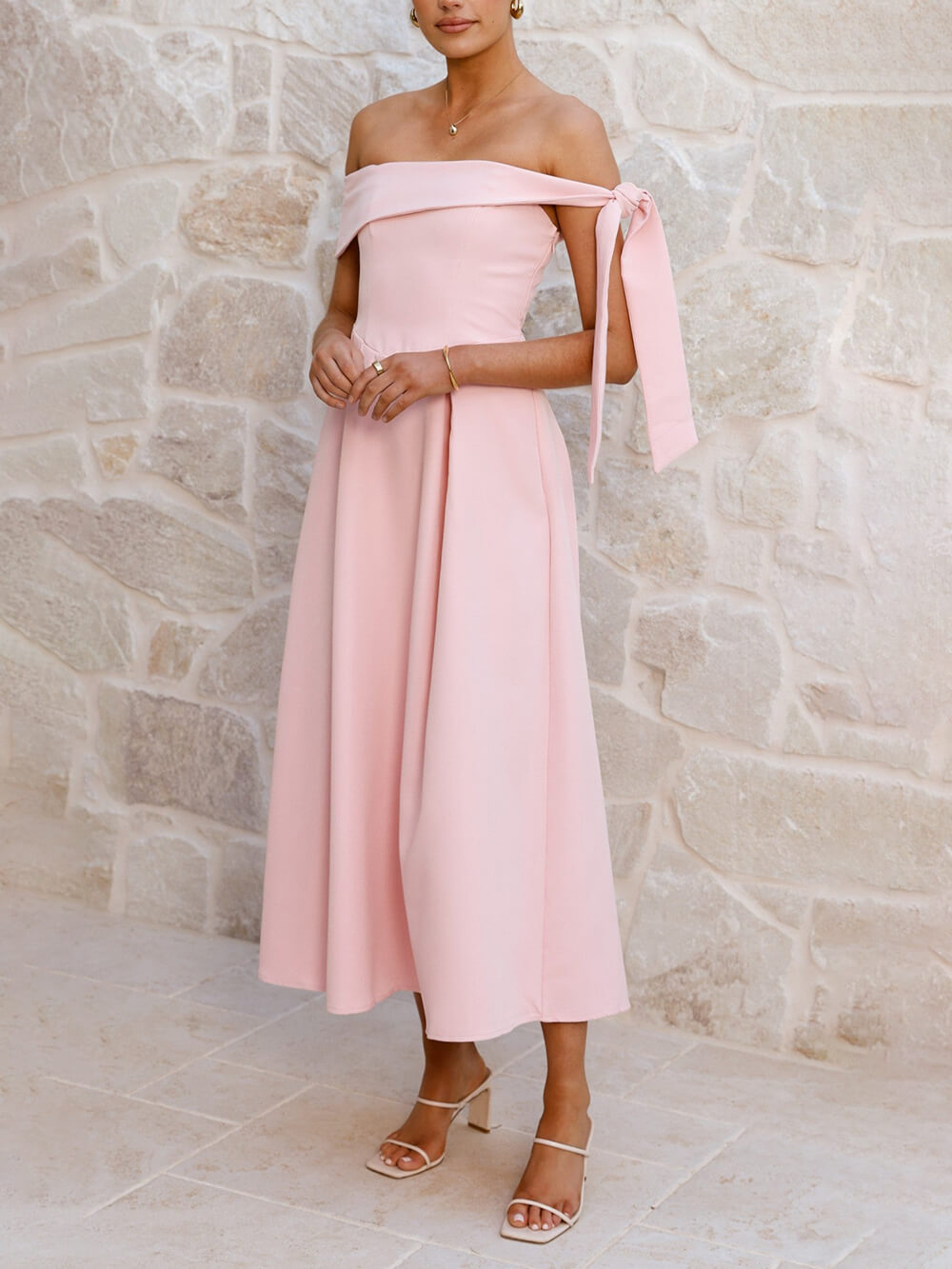 Elegant Off-Shoulder Tie Ruched Midi Dress