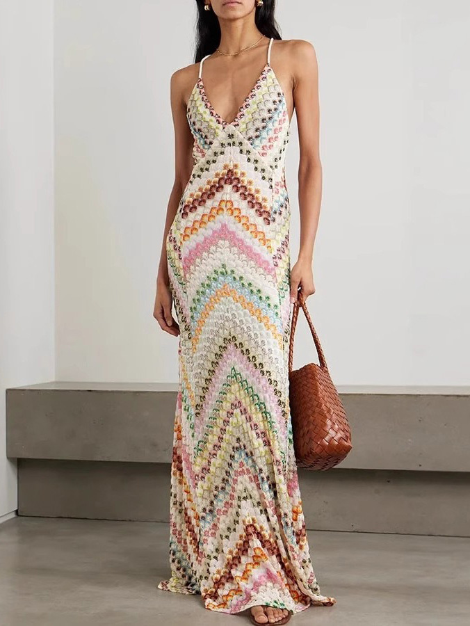 Unique Knit Colorful Herringbone Open Back Maxi Dress