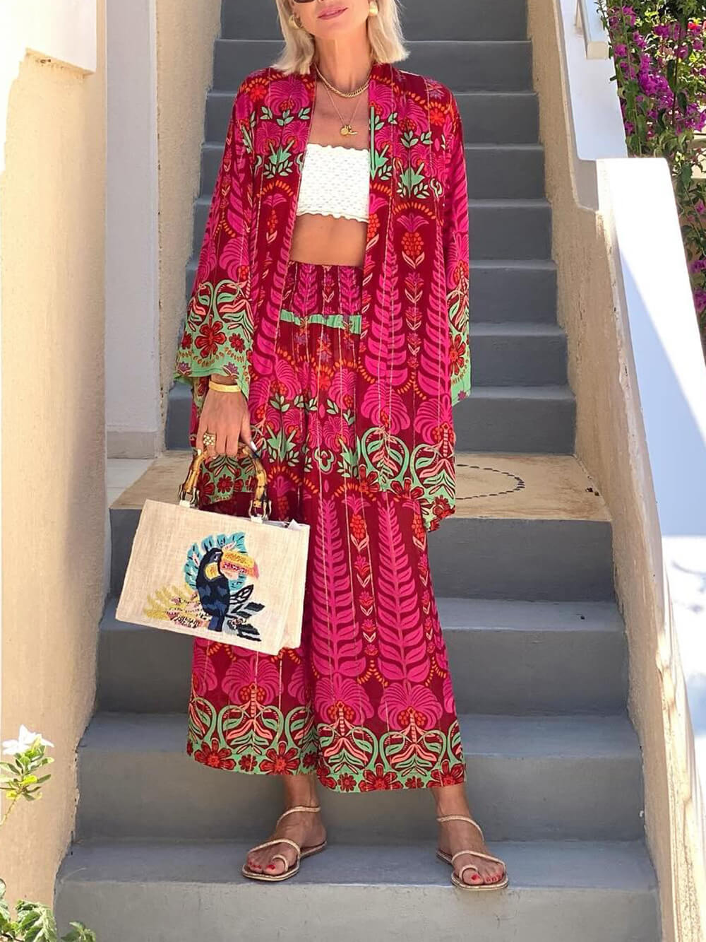 Unique Ethnic Floral Print With Elastic Waist Wide-Leg Pants