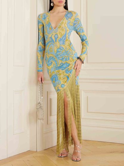 Retro Floral Print Fringed Knitted Maxi Dress