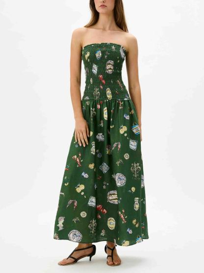 Chic Strapless Smocked Printed Holiday Maxi Dress